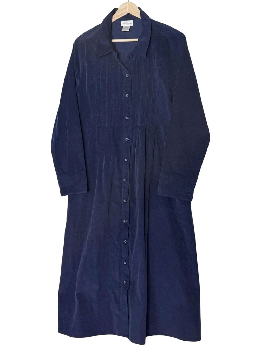 Vermont Country Store Pintuck Cotton Corduroy Midi Shirt Dress Size L Navy Blue